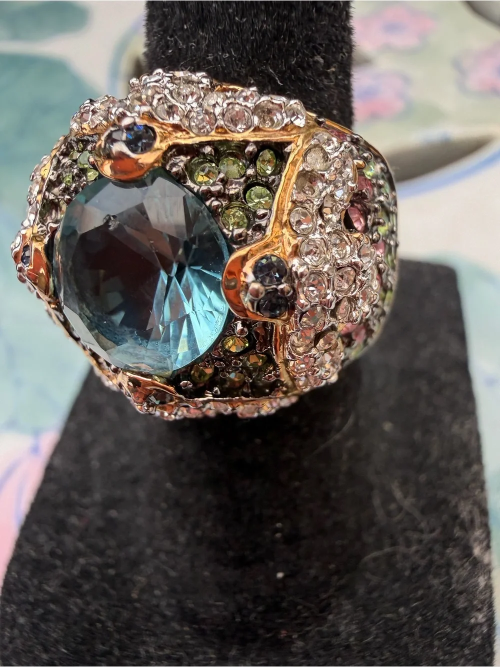 Exotic Blue-Green Crystal Cocktail Ring - Ornate Floral Design *Size 5 & 7